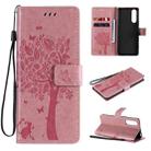 For Sony Xperia5 II Tree & Cat Pattern Pressed Printing Horizontal Flip PU Leather Case with Holder & Card Slots & Wallet & Lanyard(Pink) - 1
