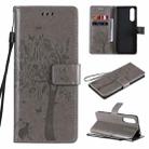 For Sony Xperia5 II Tree & Cat Pattern Pressed Printing Horizontal Flip PU Leather Case with Holder & Card Slots & Wallet & Lanyard(Grey) - 1