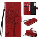 For Sony Xperia5 II Tree & Cat Pattern Pressed Printing Horizontal Flip PU Leather Case with Holder & Card Slots & Wallet & Lanyard(Red) - 1