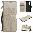 For Sony Xperia5 II Tree & Cat Pattern Pressed Printing Horizontal Flip PU Leather Case with Holder & Card Slots & Wallet & Lanyard(Gold) - 1