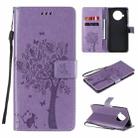 For Xiaomi Mi 10T Lite 5G Tree & Cat Pattern Pressed Printing Horizontal Flip PU Leather Case with Holder & Card Slots & Wallet & Lanyard(Light Purple) - 1