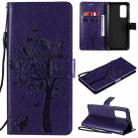 For Xiaomi Mi 10T / 10T Pro Tree & Cat Pattern Pressed Printing Horizontal Flip PU Leather Case with Holder & Card Slots & Wallet & Lanyard(Purple) - 1