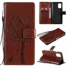 For OnePlus 8T Tree & Cat Pattern Pressed Printing Horizontal Flip PU Leather Case with Holder & Card Slots & Wallet & Lanyard(Coffee) - 1