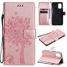 For OnePlus 8T Tree & Cat Pattern Pressed Printing Horizontal Flip PU Leather Case with Holder & Card Slots & Wallet & Lanyard(Rose Gold) - 1