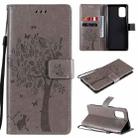 For OnePlus 8T Tree & Cat Pattern Pressed Printing Horizontal Flip PU Leather Case with Holder & Card Slots & Wallet & Lanyard(Grey) - 1