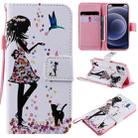 For iPhone 12 mini Painting Horizontal Flip Leather Case with Holder & Card Slot & Lanyard (Woman and Cat) - 1