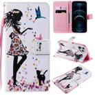 For iPhone 12 Pro Max Painting Horizontal Flip Leather Case with Holder & Card Slot & Lanyard(Woman and Cat) - 1