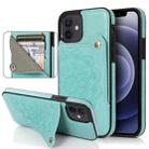 For iPhone 12 mini Embossed Pattern PU + TPU Protective Case with Holder & Wallet & Card Slots (Green) - 1