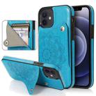 For iPhone 12 mini Embossed Pattern PU + TPU Protective Case with Holder & Wallet & Card Slots (Blue) - 1