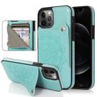 For iPhone 12 / 12 Pro Embossed Pattern PU + TPU Protective Case with Holder & Wallet & Card Slots(Green) - 1