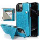 For iPhone 12 / 12 Pro Embossed Pattern PU + TPU Protective Case with Holder & Wallet & Card Slots(Blue) - 1