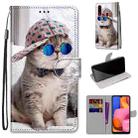 For Samsung Galaxy A20s Coloured Drawing Cross Texture Horizontal Flip PU Leather Case with Holder & Card Slots & Wallet & Lanyard(Oblique Hat Blue Mirror Cat) - 1
