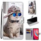 For Xiaomi Redmi Note 8 Pro Coloured Drawing Cross Texture Horizontal Flip PU Leather Case with Holder & Card Slots & Wallet & Lanyard(Slant Hat Blue Mirror Cat) - 1