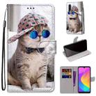 For Xiaomi Mi CC9e / A3 Coloured Drawing Cross Texture Horizontal Flip PU Leather Case with Holder & Card Slots & Wallet & Lanyard(Slant Hat Blue Mirror Cat) - 1