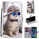 For LG K20 (2019) Coloured Drawing Cross Texture Horizontal Flip PU Leather Case with Holder & Card Slots & Wallet & Lanyard(Slant Hat Blue Mirror Cat) - 1