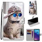 For ZTE Blade A5 2020 Coloured Drawing Cross Texture Horizontal Flip PU Leather Case with Holder & Card Slots & Wallet & Lanyard(Slant Hat Blue Mirror Cat) - 1