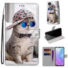 For ZTE Blade V2020 Smart Coloured Drawing Cross Texture Horizontal Flip PU Leather Case with Holder & Card Slots & Wallet & Lanyard(Slant Hat Blue Mirror Cat) - 1