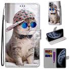 For iPhone 11 Pro Coloured Drawing Cross Texture Horizontal Flip PU Leather Case with Holder & Card Slots & Wallet & Lanyard (Slant Hat Blue Mirror Cat) - 1