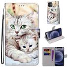 For iPhone 12 mini Coloured Drawing Cross Texture Horizontal Flip PU Leather Case with Holder & Card Slots & Wallet & Lanyard (Big Cat Holding Kitten) - 1