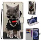 For iPhone 12 mini Coloured Drawing Cross Texture Horizontal Flip PU Leather Case with Holder & Card Slots & Wallet & Lanyard (B09 Golden Chain Grey Cat) - 1