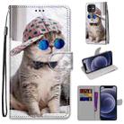 For iPhone 12 mini Coloured Drawing Cross Texture Horizontal Flip PU Leather Case with Holder & Card Slots & Wallet & Lanyard (Slant Hat Blue Mirror Cat) - 1