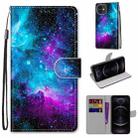 For iPhone 12 / 12 Pro Coloured Drawing Cross Texture Horizontal Flip PU Leather Case with Holder & Card Slots & Wallet & Lanyard(Purple Green Starry Sky) - 1