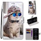 For iPhone 12 / 12 Pro Coloured Drawing Cross Texture Horizontal Flip PU Leather Case with Holder & Card Slots & Wallet & Lanyard(Slant Hat Blue Mirror Cat) - 1