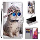 For Samsung Galaxy S20 FE 5G Coloured Drawing Cross Texture Horizontal Flip PU Leather Case with Holder & Card Slots & Wallet & Lanyard(Oblique Hat Blue Mirror Cat) - 1