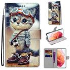 For Samsung Galaxy S21 5G Coloured Drawing Cross Texture Horizontal Flip PU Leather Case with Holder & Card Slots & Wallet & Lanyard(Leather Shoes Cat) - 1