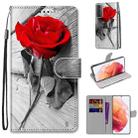 For Samsung Galaxy S21 5G Coloured Drawing Cross Texture Horizontal Flip PU Leather Case with Holder & Card Slots & Wallet & Lanyard(Red Rose On Wooden) - 1