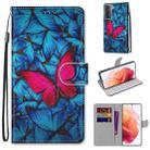 For Samsung Galaxy S21 5G Coloured Drawing Cross Texture Horizontal Flip PU Leather Case with Holder & Card Slots & Wallet & Lanyard(Big Red Butterfly On Blue) - 1