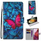 For Samsung Galaxy S21 Ultra 5G Coloured Drawing Cross Texture Horizontal Flip PU Leather Case with Holder & Card Slots & Wallet & Lanyard(Big Red Butterfly On Blue) - 1