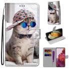 For Samsung Galaxy S21 Ultra 5G Coloured Drawing Cross Texture Horizontal Flip PU Leather Case with Holder & Card Slots & Wallet & Lanyard(Oblique Hat Blue Mirror Cat) - 1