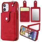 For iPhone 12 mini Shockproof Protective Case with Mirror & Card Slot & Short Lanyard (Red) - 1