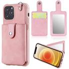 For iPhone 12 / 12 Pro Shockproof Protective Case with Mirror & Card Slot & Short Lanyard(Pink) - 1