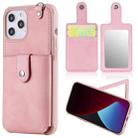 For iPhone 12 Pro Max Shockproof Protective Case with Mirror & Card Slot & Short Lanyard(Pink) - 1