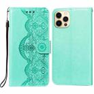 Flower Vine Embossing Pattern Horizontal Flip Leather Case with Card Slot & Holder & Wallet & Lanyard For iPhone 12 / 12 Pro(Green) - 1