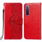 For Huawei nova 7 5G Flower Vine Embossing Pattern Horizontal Flip Leather Case with Card Slot & Holder & Wallet & Lanyard(Red) - 1