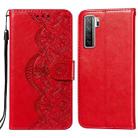 For Huawei nova 7 SE Flower Vine Embossing Pattern Horizontal Flip Leather Case with Card Slot & Holder & Wallet & Lanyard(Red) - 1