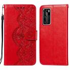 For Huawei P40 Flower Vine Embossing Pattern Horizontal Flip Leather Case with Card Slot & Holder & Wallet & Lanyard(Red) - 1