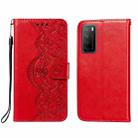 For Huawei Honor Play4 Flower Vine Embossing Pattern Horizontal Flip Leather Case with Card Slot & Holder & Wallet & Lanyard(Red) - 1