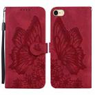 For iPhone SE 2022 / SE 2020 / 8 / 7 Retro Skin Feel Butterflies Embossing Horizontal Flip Leather Case with Holder & Card Slots & Wallet(Red) - 1