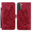 For Samsung Galaxy S21 5G Retro Skin Feel Butterflies Embossing Horizontal Flip Leather Case with Holder & Card Slots & Wallet(Red) - 1