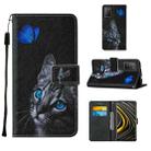 For Xiaomi Poco M3 Cross Texture Painting Pattern Horizontal Flip Leather Case with Holder & Card Slots & Wallet & Lanyard(Blue Butterfly Cat Eyes) - 1