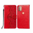 For Motorola Moto G9 Plus Flower Vine Embossing Pattern Horizontal Flip Leather Case with Card Slot & Holder & Wallet & Lanyard(Red) - 1