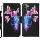 For Samsung Galaxy S21+ 5G Coloured Drawing Pattern Horizontal Flip PU Leather Case with Holder & Card Slots & Wallet & Lanyard(Three Fluorescent Butterflies) - 1