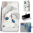 For Samsung Galaxy Note 20 Coloured Drawing Cross Texture Horizontal Flip PU Leather Case with Holder & Card Slots & Wallet & Lanyard(White Kitten) - 1