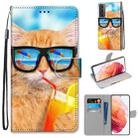 For Samsung Galaxy S21 5G Coloured Drawing Cross Texture Horizontal Flip PU Leather Case with Holder & Card Slots & Wallet & Lanyard(Cat Drinking Soda) - 1