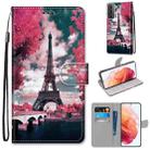 For Samsung Galaxy S21 5G Coloured Drawing Cross Texture Horizontal Flip PU Leather Case with Holder & Card Slots & Wallet & Lanyard(Pink Flower Tower Bridge) - 1