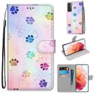 For Samsung Galaxy S21 5G Coloured Drawing Cross Texture Horizontal Flip PU Leather Case with Holder & Card Slots & Wallet & Lanyard(Footprint Water Drops) - 1